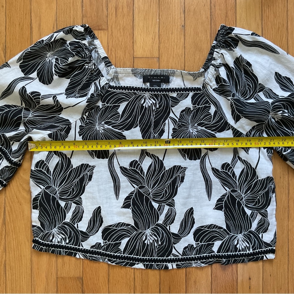 Tahari Linen Blouse Black White Floral Balloon Sleeve Square Neck Size M Beach - Picture 6 of 8